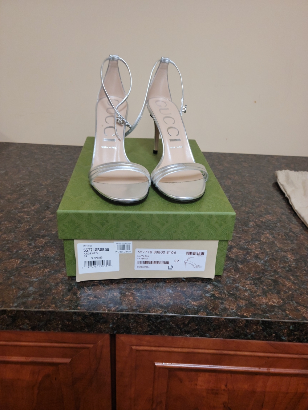 Gucci Metallic Silver Open-Toe Ankle Strap Heels, FINAL SALE